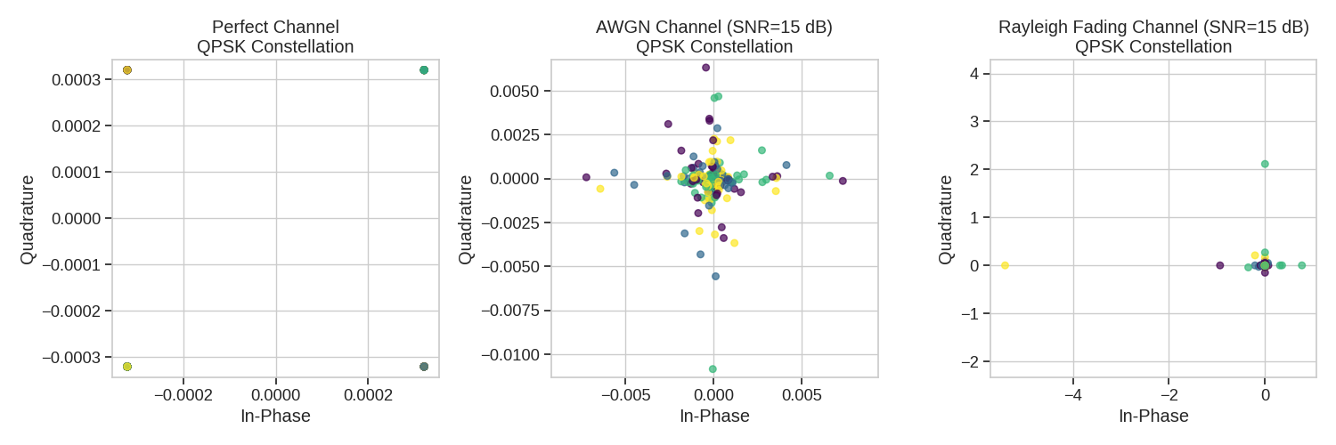 Perfect Channel QPSK Constellation, AWGN Channel (SNR=15 dB) QPSK Constellation, Rayleigh Fading Channel (SNR=15 dB) QPSK Constellation