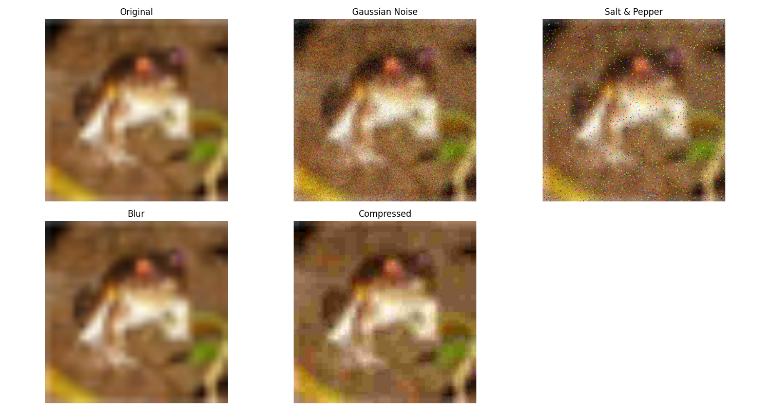 Original, Gaussian Noise, Salt & Pepper, Blur, Compressed